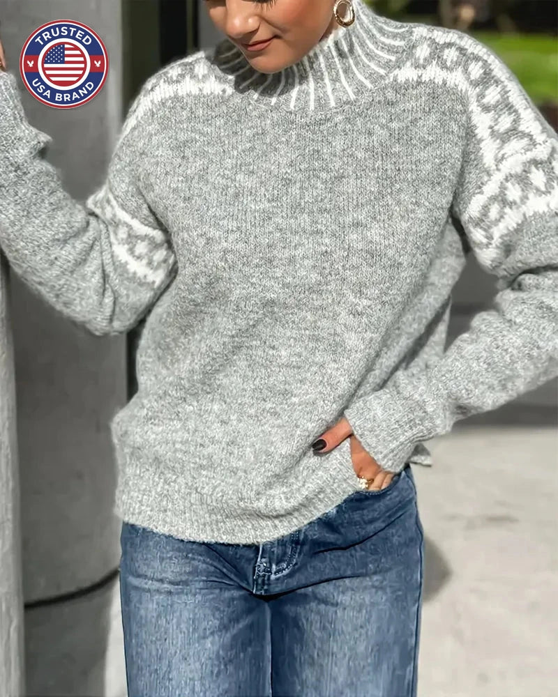 Women's knit roll neck winter fair isle sweater - Gray