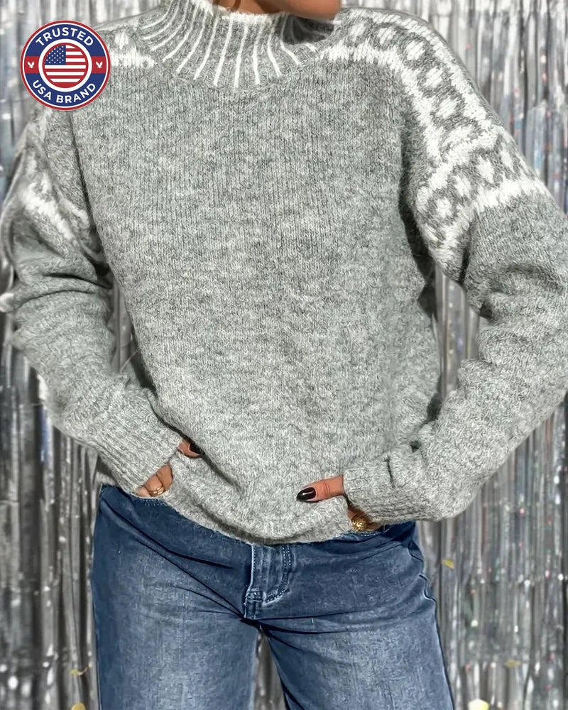 Women's knit roll neck winter fair isle sweater - Gray