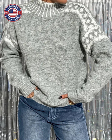 Women's knit roll neck winter fair isle sweater - Gray