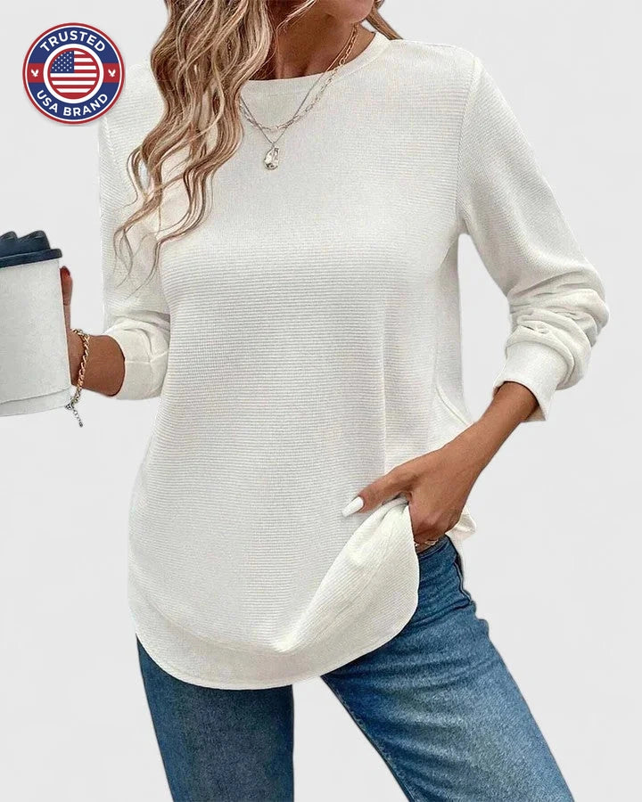 Women's knit crew neck winter sweater with curved hem - White