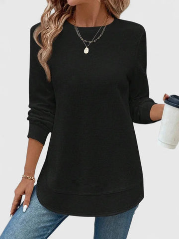Women's knit crew neck winter sweater with curved hem - White