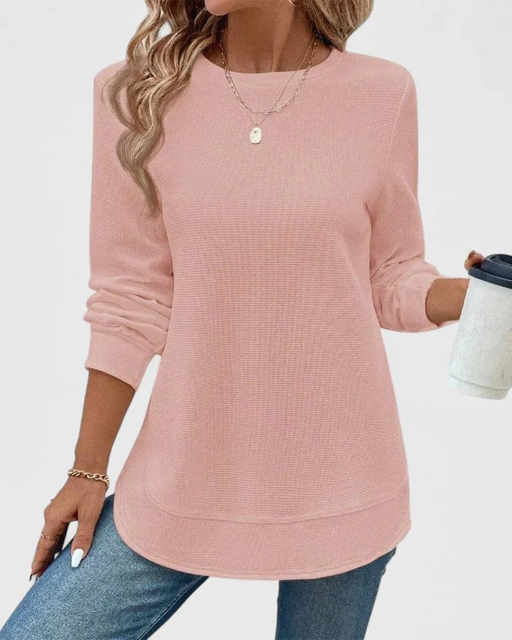 Women's knit crew neck winter sweater with curved hem - White
