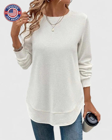 Women's knit crew neck winter sweater with curved hem - White