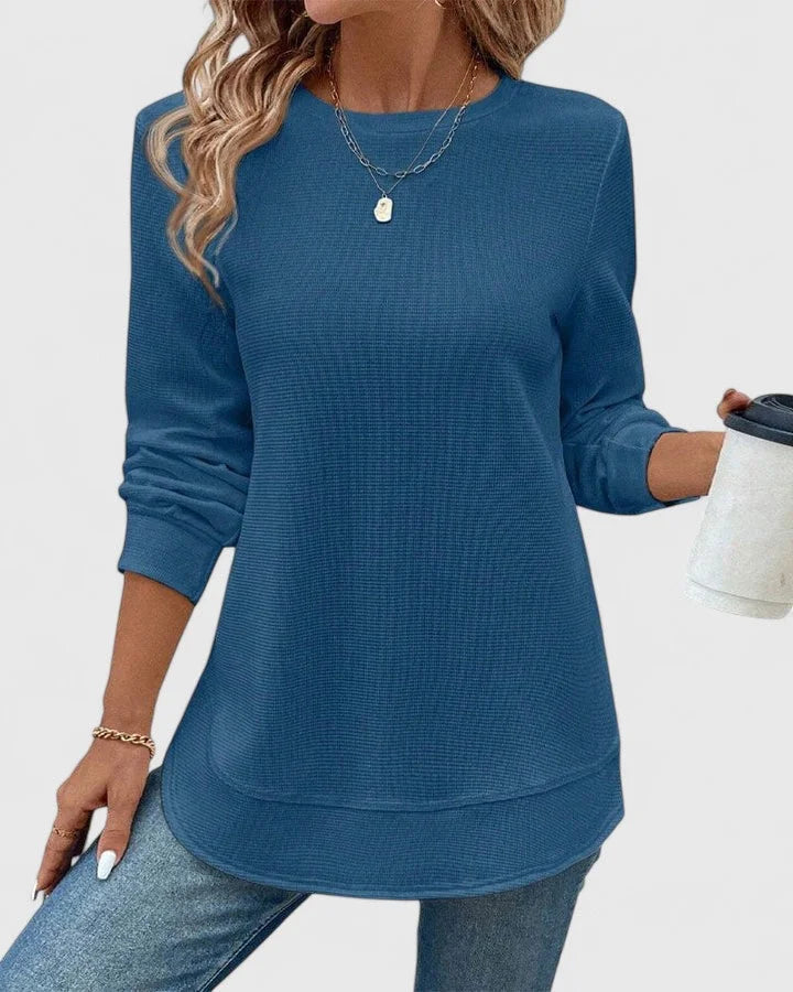 Women's knit crew neck winter sweater with curved hem - White