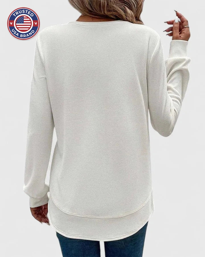 Women's knit crew neck winter sweater with curved hem - White