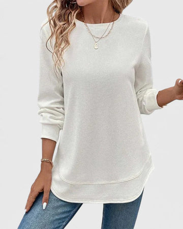 Women's knit crew neck winter sweater with curved hem - White