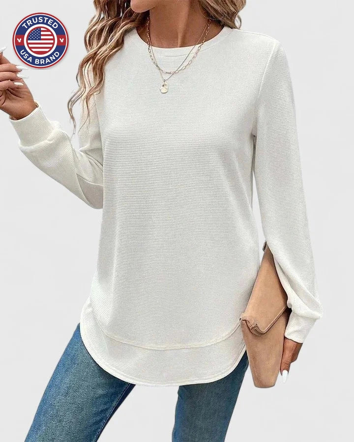 Women's knit crew neck winter sweater with curved hem - White
