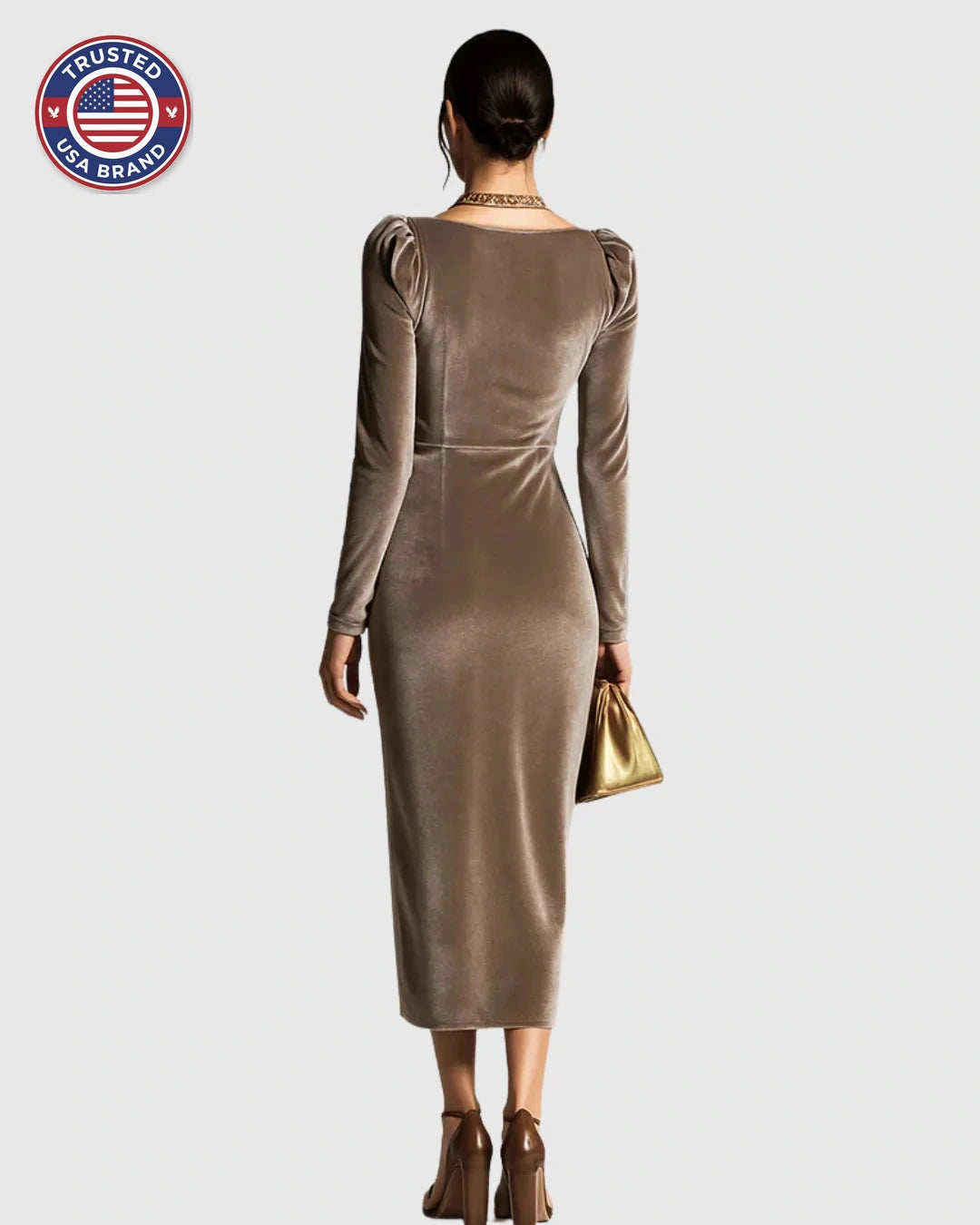 Women's velvet v-neck winter midi dress with decorative side buckle