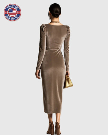 Women's velvet v-neck winter midi dress with decorative side buckle