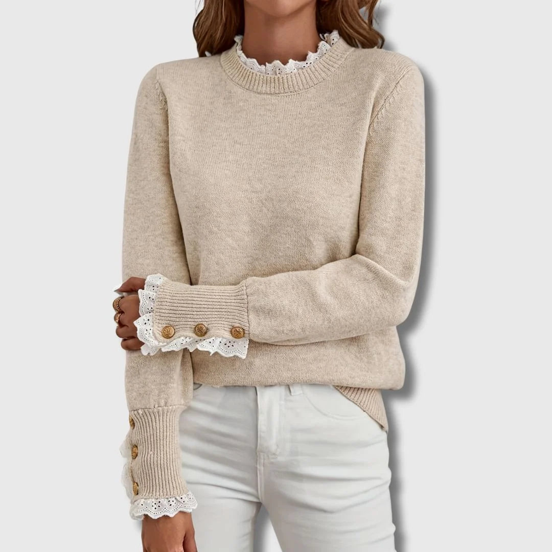 Women's knit crew neck winter sweater with lace trim cuffs - Apricot