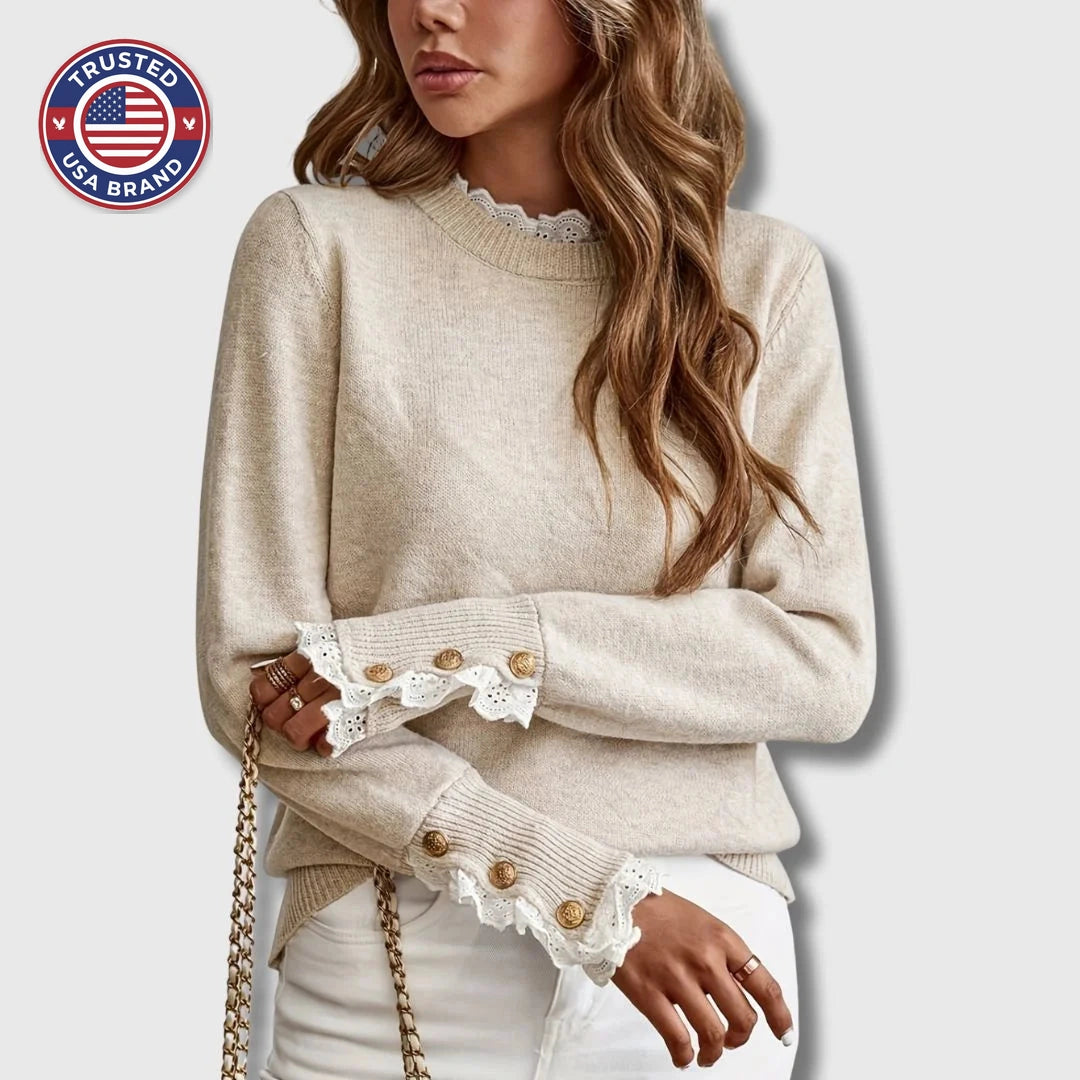 Women's knit crew neck winter sweater with lace trim cuffs - Apricot