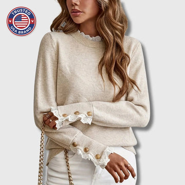 Women's knit crew neck winter sweater with lace trim cuffs - Apricot
