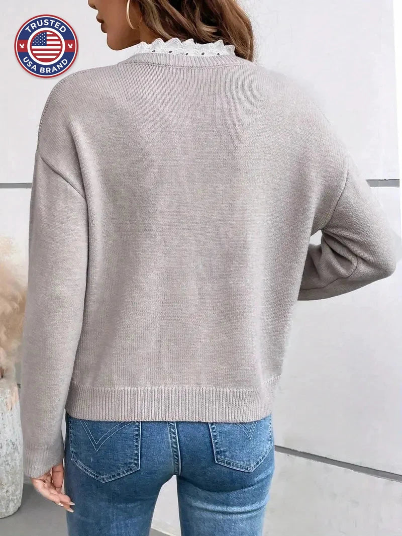 Women's knit v-neck winter sweater with ruffled trim - Blue