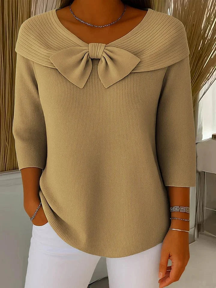 Women's ribbed v-neck winter sweater with bow collar - Blue