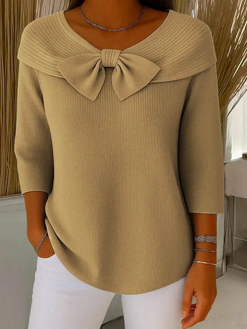 Women's ribbed v-neck winter sweater with bow collar - Blue