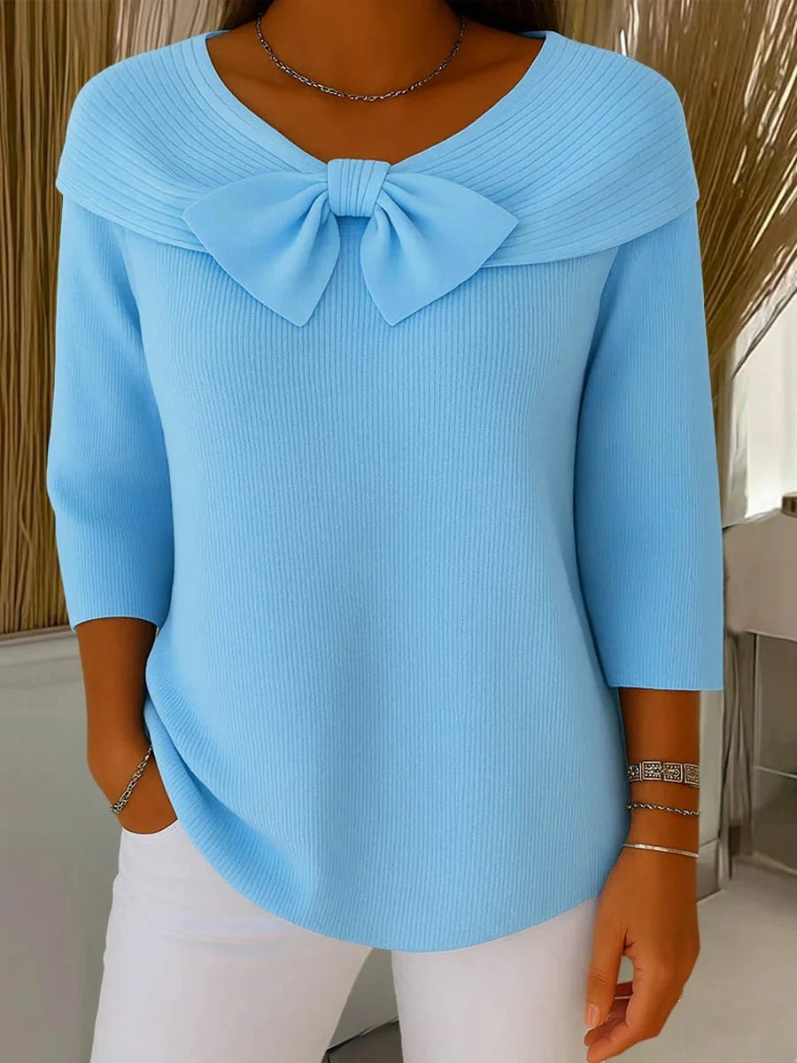 Women's ribbed v-neck winter sweater with bow collar - Blue