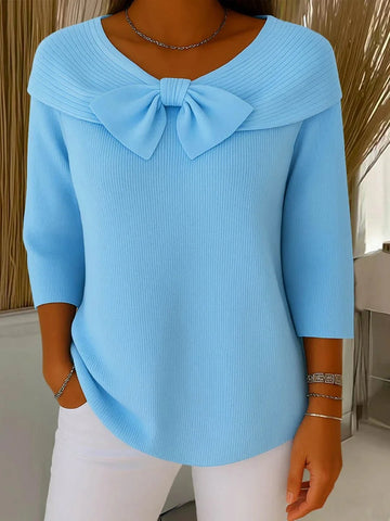 Women's ribbed v-neck winter sweater with bow collar - Blue