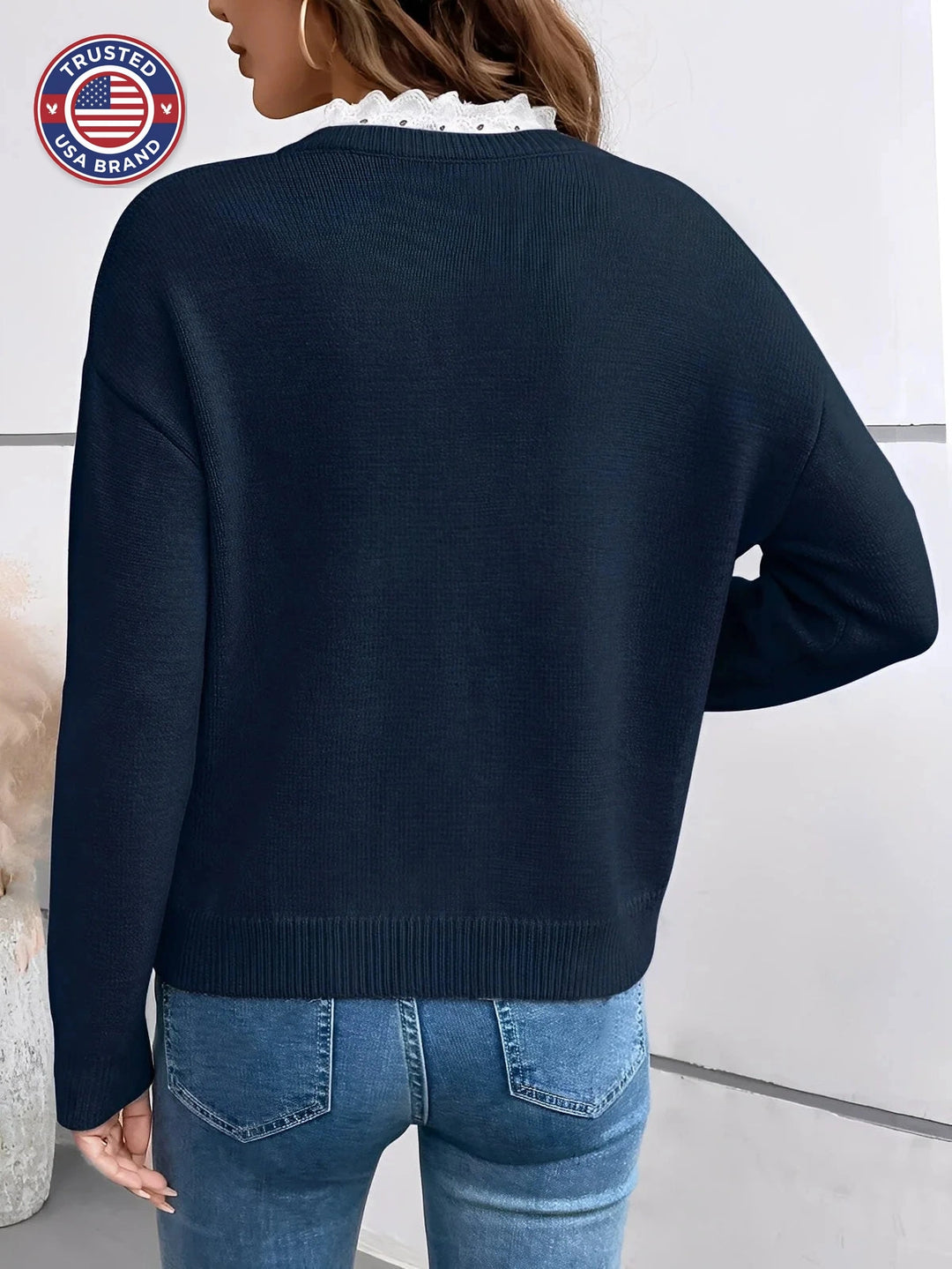 Women's knit v-neck winter sweater with ruffled trim - Blue