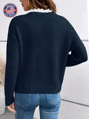 Women's knit v-neck winter sweater with ruffled trim - Blue