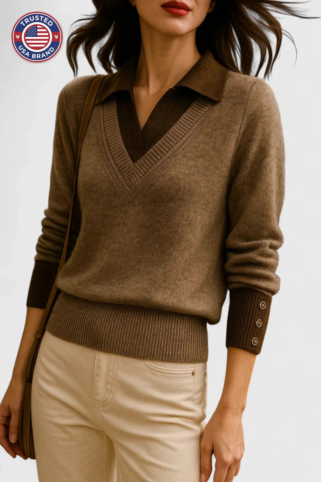 Women's knit collared winter sweater with contrast v-neck - Brown