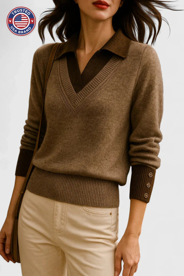 Women's knit collared winter sweater with contrast v-neck - Brown