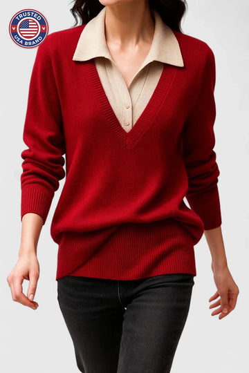Women's knit collared winter sweater with contrast v-neck - Brown