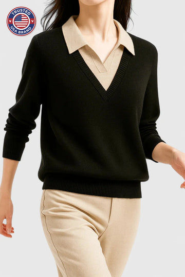 Women's knit collared winter sweater with contrast v-neck - Brown