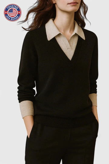 Women's knit collared winter sweater with contrast v-neck - Brown