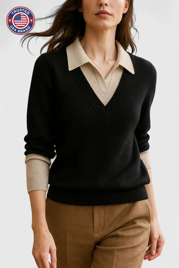 Women's knit collared winter sweater with contrast v-neck - Brown