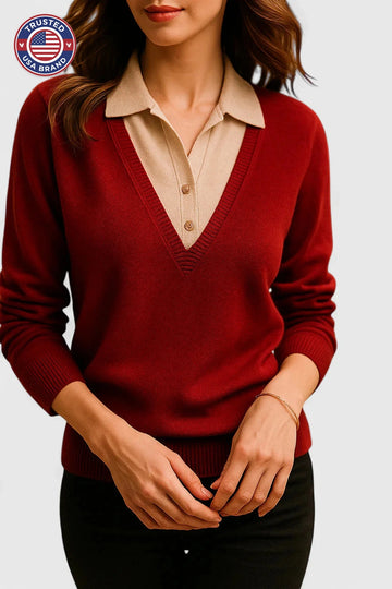 Women's knit collared winter sweater with contrast v-neck - Brown
