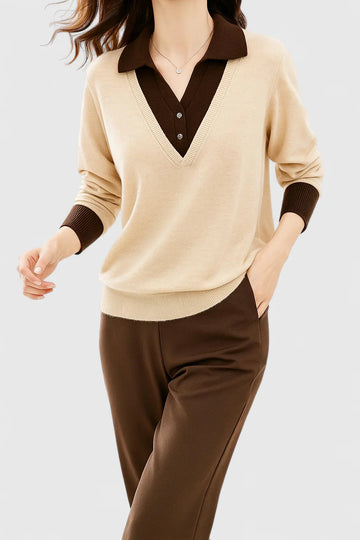 Women's knit collared winter sweater with contrast v-neck - Brown