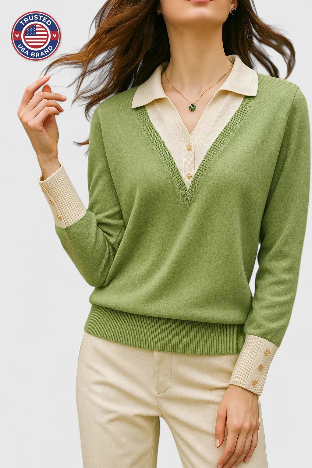 Women's knit collared winter sweater with contrast v-neck - Brown