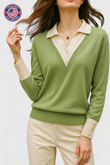 Women's knit collared winter sweater with contrast v-neck - Brown