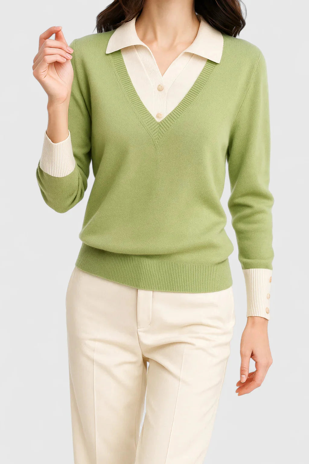Women's knit collared winter sweater with contrast v-neck - Brown
