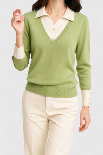 Women's knit collared winter sweater with contrast v-neck - Brown