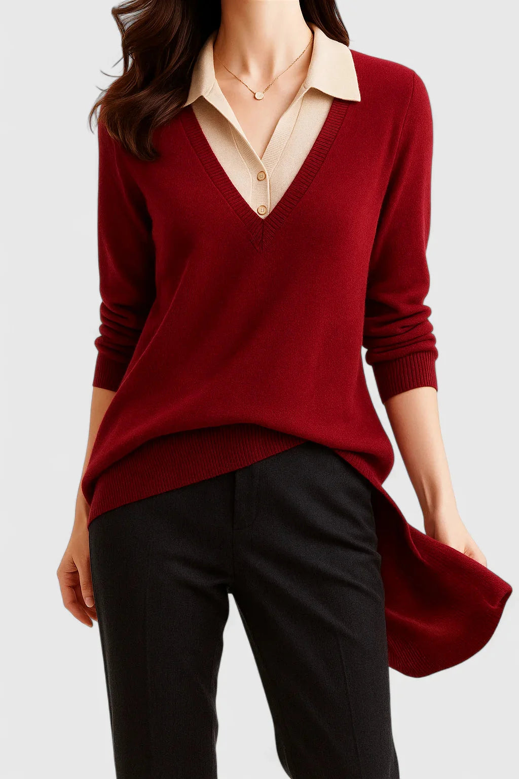 Women's knit collared winter sweater with contrast v-neck - Brown
