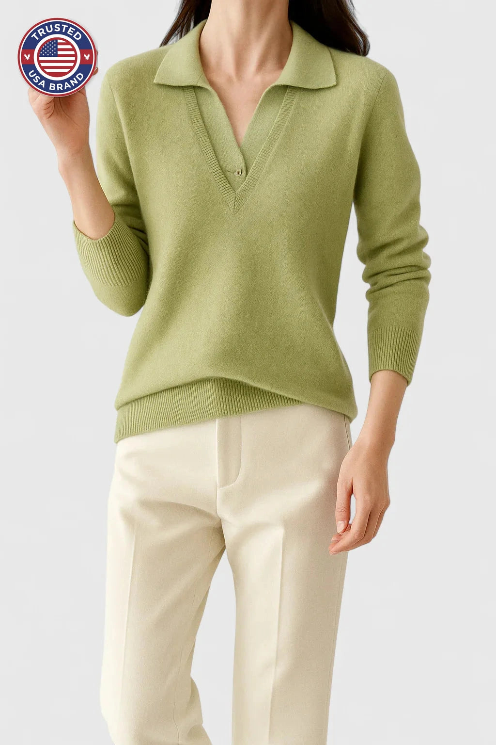 Women's knit collared winter sweater with contrast v-neck - Brown