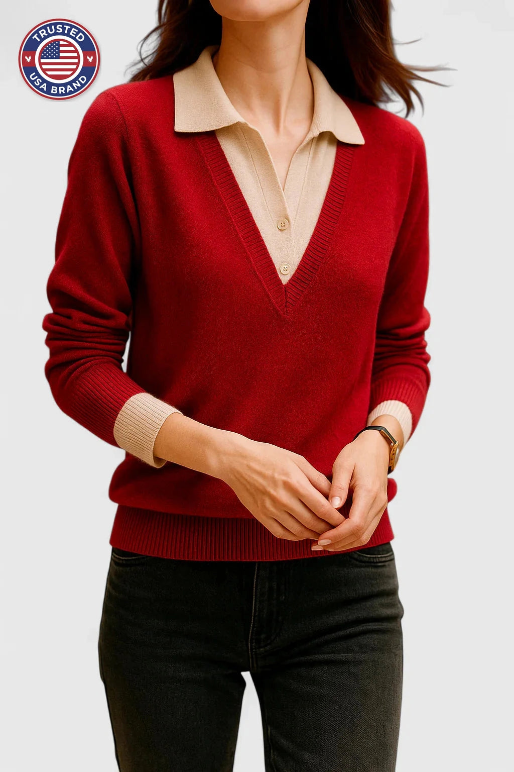 Women's knit collared winter sweater with contrast v-neck - Brown