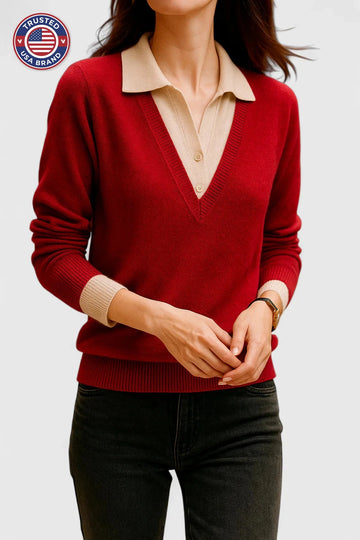 Women's knit collared winter sweater with contrast v-neck - Brown