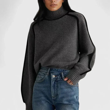 Women's knit winter roll neck sweater with contrast piping - Brown