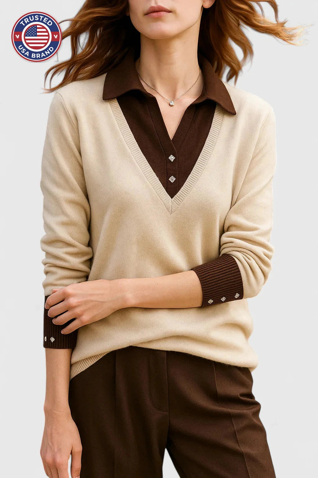 Women's knit collared winter sweater with contrast v-neck - Brown