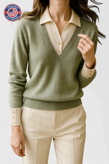 Women's knit collared winter sweater with contrast v-neck - Brown