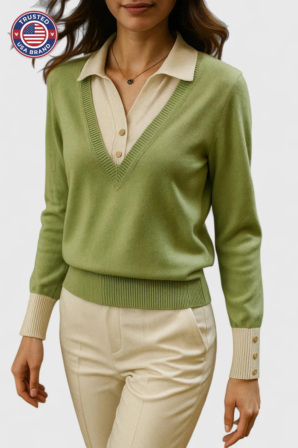 Women's knit collared winter sweater with contrast v-neck - Brown