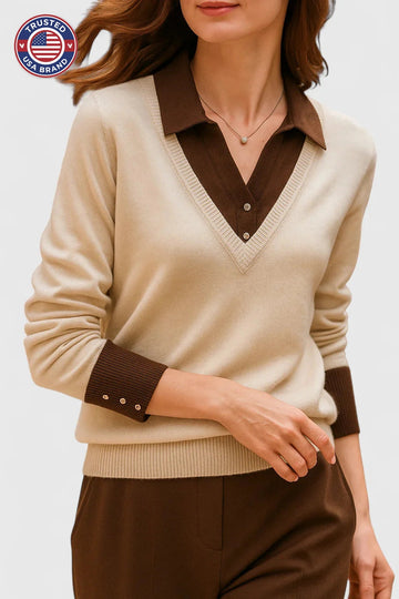 Women's knit collared winter sweater with contrast v-neck - Brown