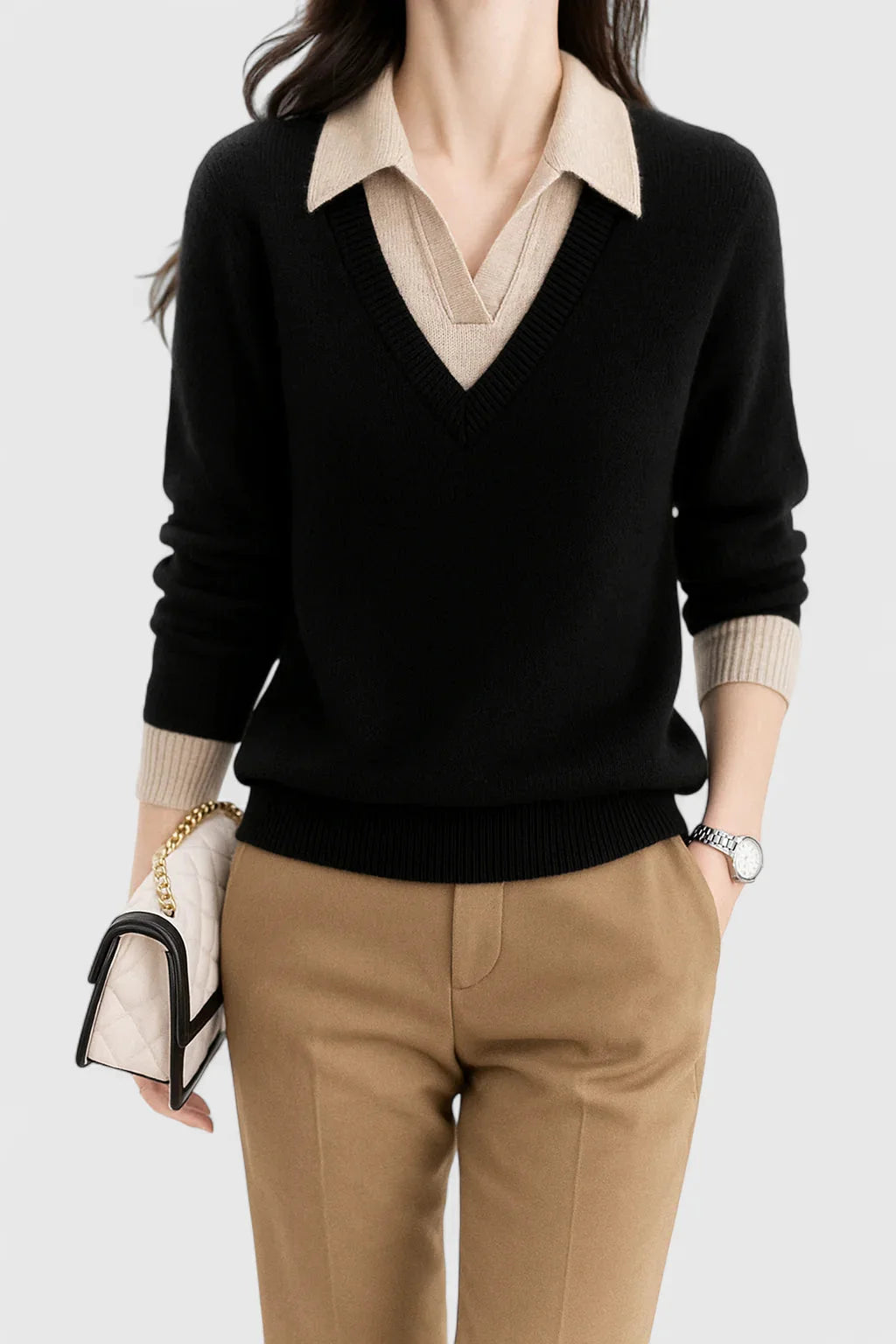 Women's knit collared winter sweater with contrast v-neck - Brown