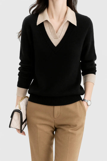Women's knit collared winter sweater with contrast v-neck - Brown