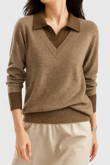 Women's knit collared winter sweater with contrast v-neck - Brown