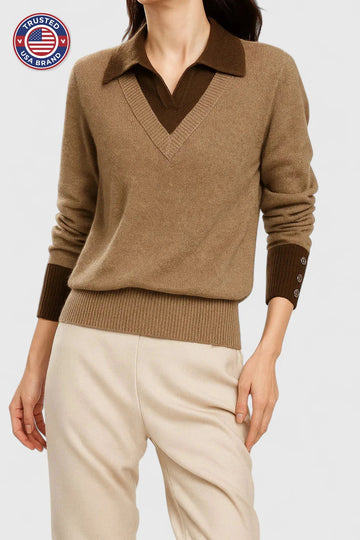 Women's knit collared winter sweater with contrast v-neck - Brown