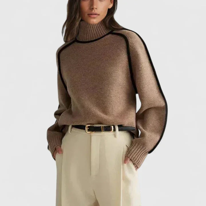 Women's knit winter roll neck sweater with contrast piping - Brown