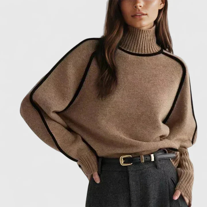 Women's knit winter roll neck sweater with contrast piping - Brown